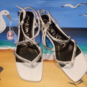 Calvin Klein logo Women's Myra Strappy Flat Sandals black and white